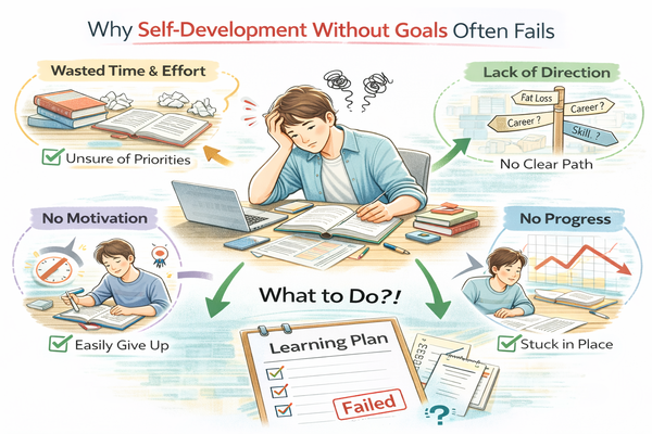 목표 없는 자기계발이 실패하는 이유를 보여주는 학습 계획 고민 장면