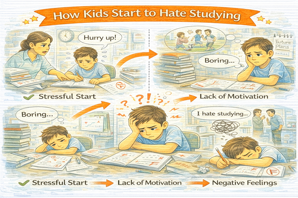 아이가 공부를 싫어하게 되는 과정을 보여주는 학습 상황 장면