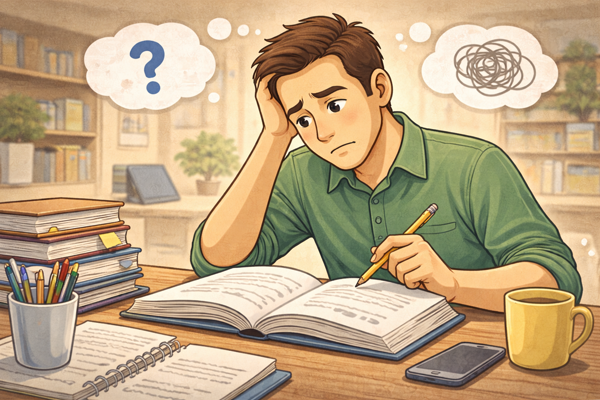 성인이 다시 공부를 시작하기 어려운 이유를 보여주는 공부 준비 장면