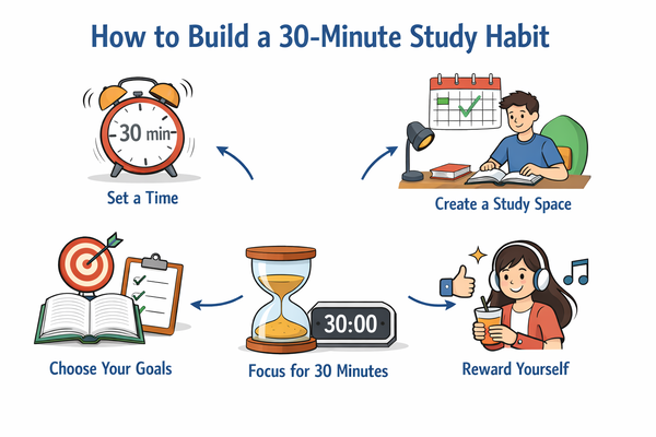 하루 30분 학습 습관 만드는 방법을 보여주는 짧은 공부 시간 장면